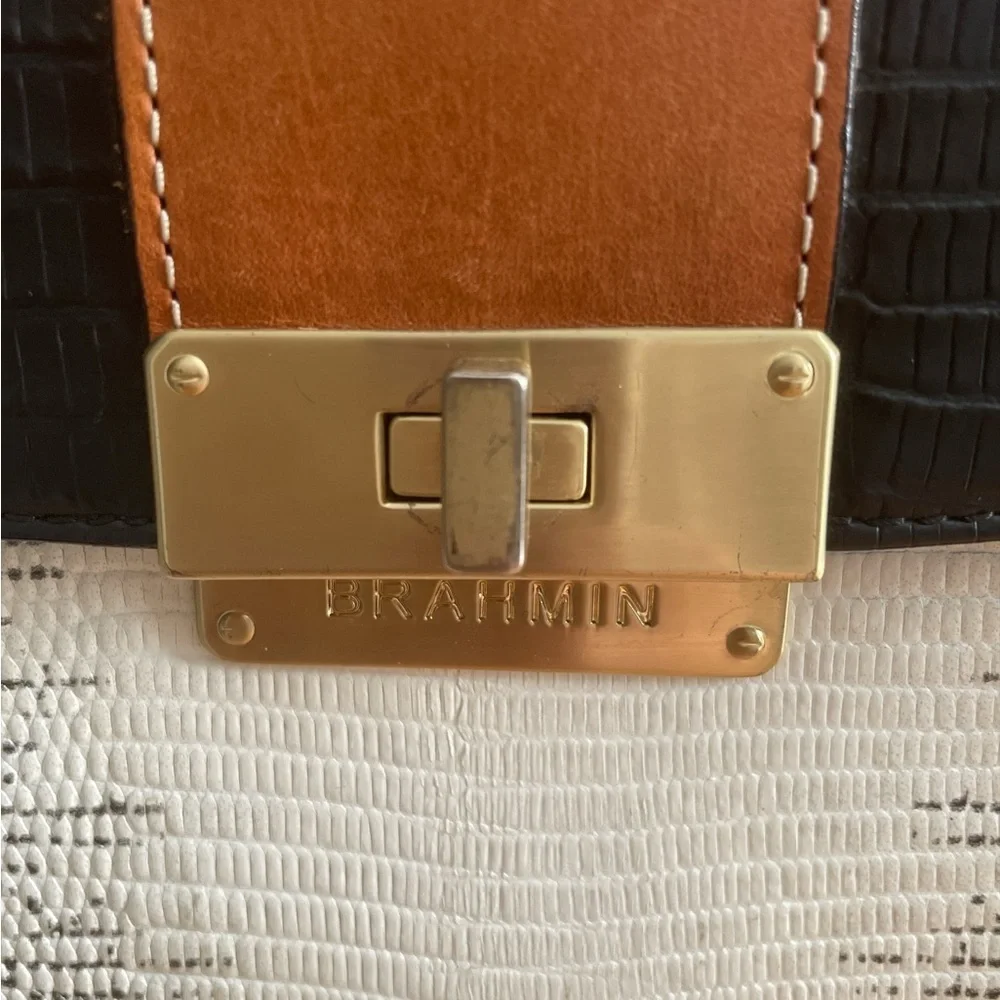 Brahmin Oxford Flap Natural Bernini Black/White Embossed Leather Crossbody Bag